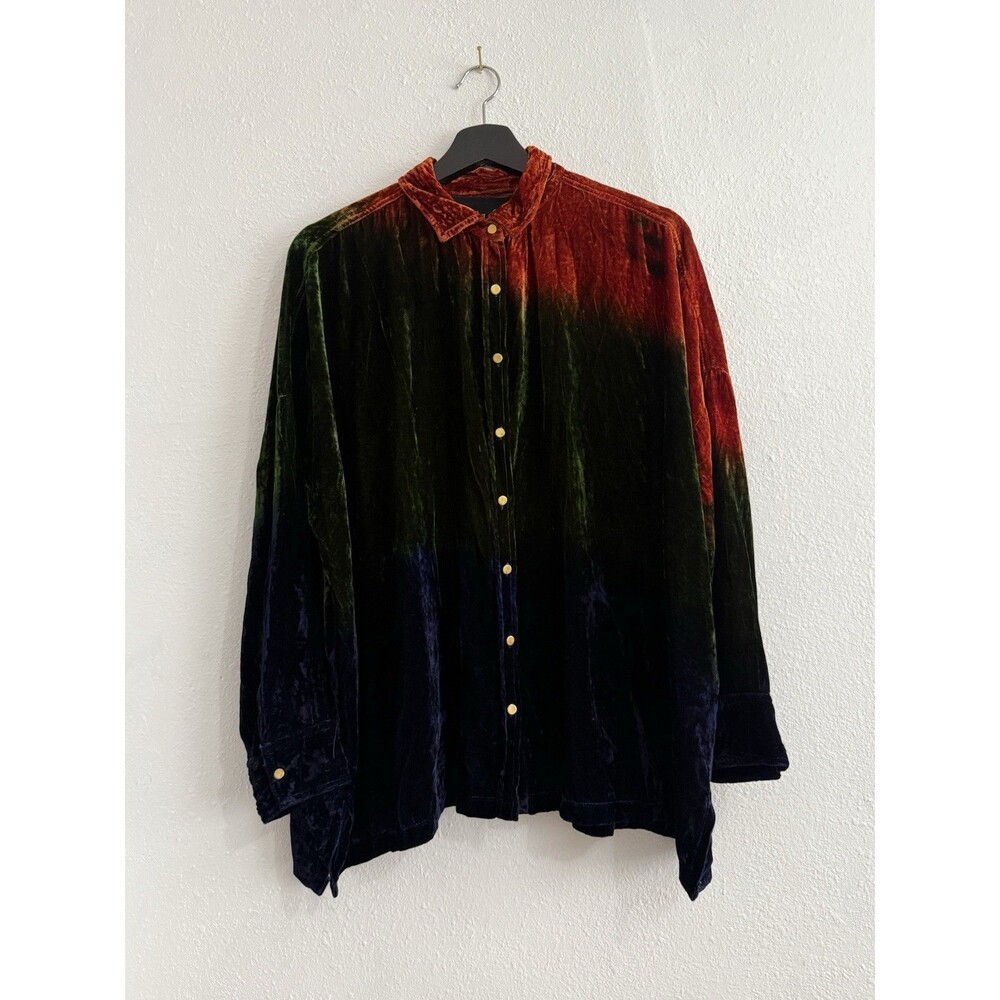 Kyla Seo Women’s Velvet Silk Retro Button Boho Blouse Oversized Small